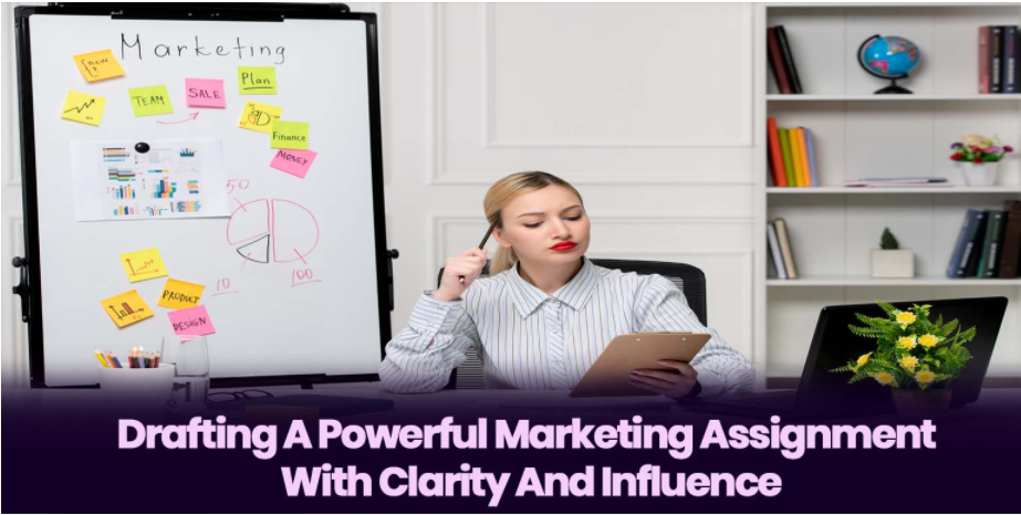  A student is sitting at a desk with a laptop and notes, brainstorming ideas for a marketing assignment. The image depicts the process of crafting a high-impact marketing assignment, from understanding the target audience to developing a unique and persuasive marketing message.